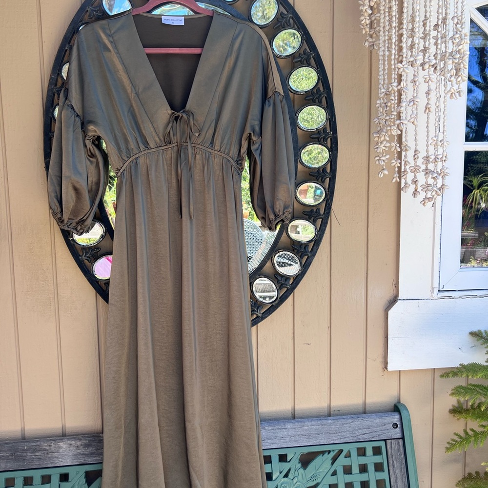 Worth Collective Olive Green Satin Midi Dress